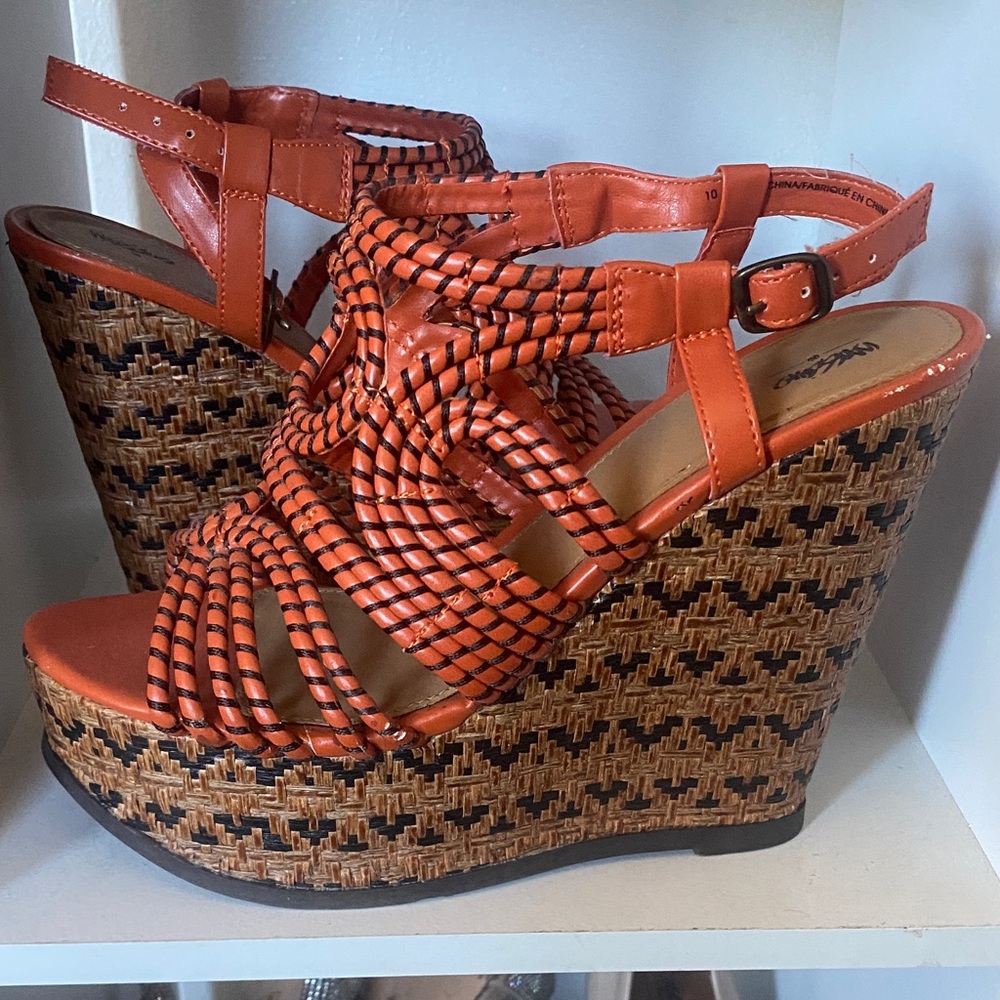 Orange Woven Wedge Sandals